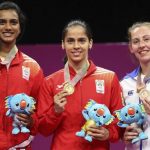 Saina Nehwal PV Sindhu and Kirsty Gilmour pose with their medals in CWG 2018